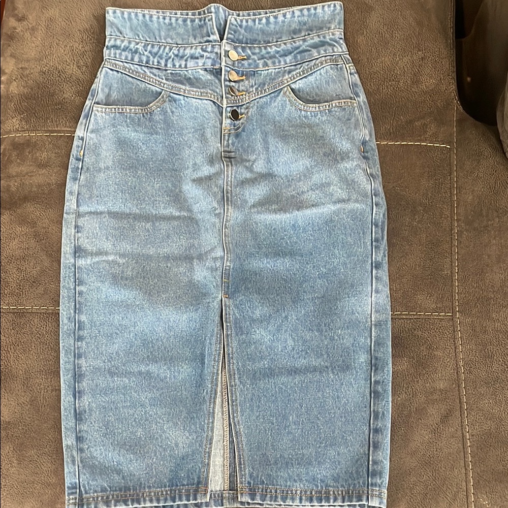 Classic Blue Denim Midi Skirt with Front Slit